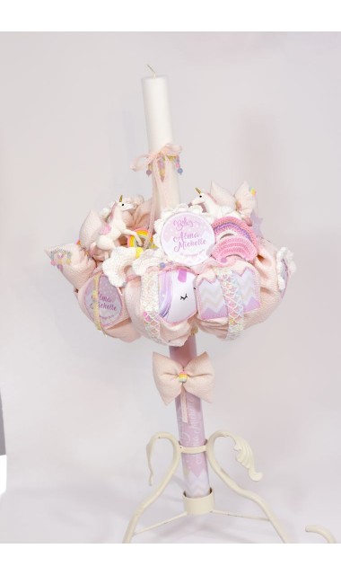 Lumanare de botez roz pentru fetite cu unicorni, 65x4cm, Baby Unicorn 8